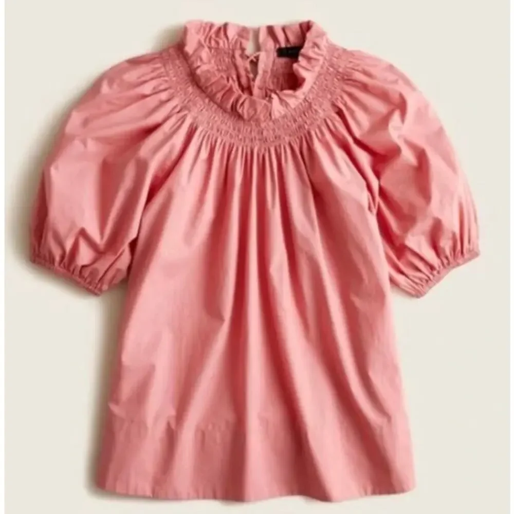 J Crew Womens XS Pink Smocked Neck Puff Sleeve Cotton Poplin Top Lace Up Back